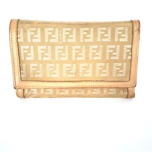 Fendi Zucca Vintage Wallet Canvas Leather Wallet Brown Tan Beige Trifold Medium
